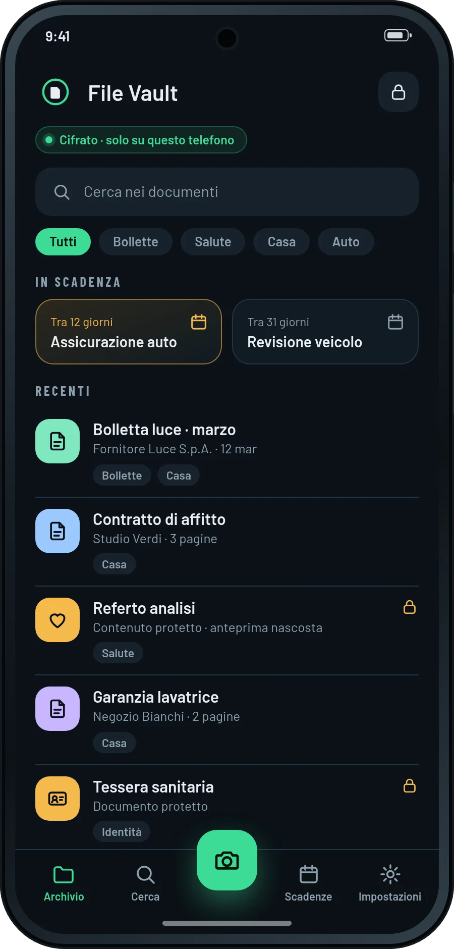 Schermata principale di File Vault: l'archivio cifrato con ricerca, scadenze e documenti recenti