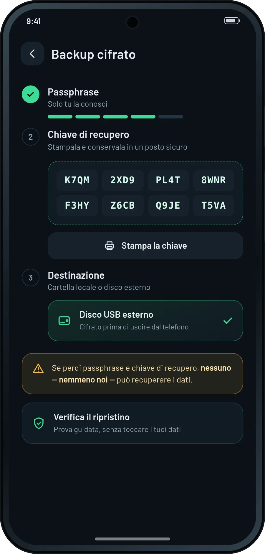 Schermata del backup: passphrase, chiave di recupero e disco USB esterno