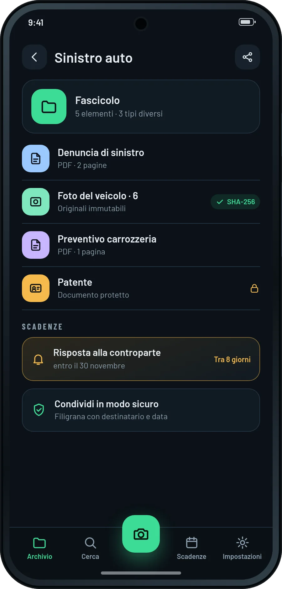 Schermata di un fascicolo: documenti, foto con impronta e una scadenza