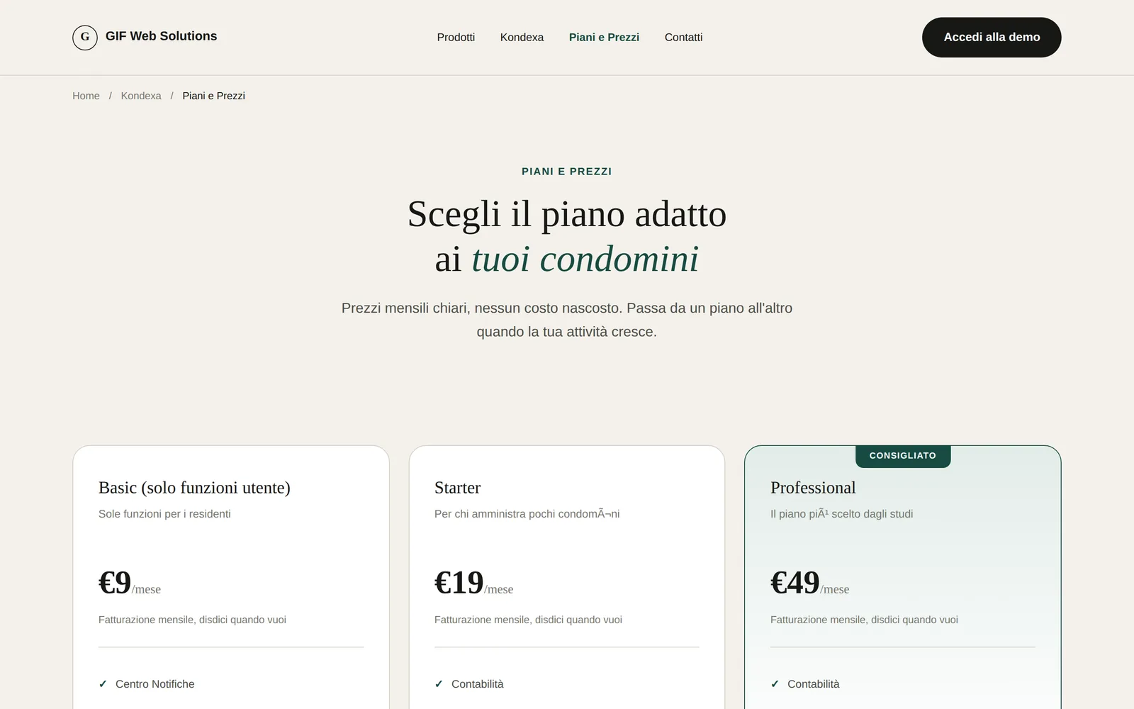 La pagina pubblica dei piani
