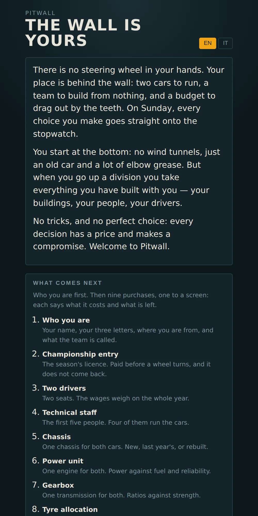 The welcome screen: two cars, a team to build from nothing, and no perfect choice.
