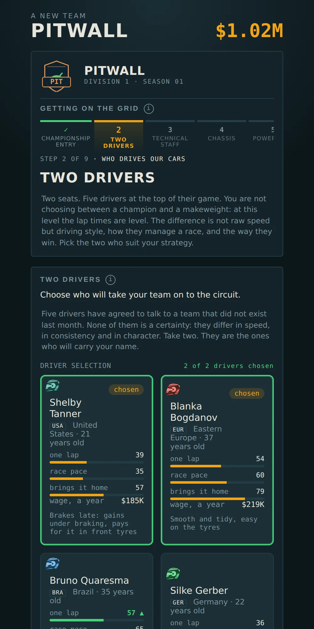Picking the two drivers: five profiles, each with one-lap pace, race pace, driving style, wage and what he brings with him.