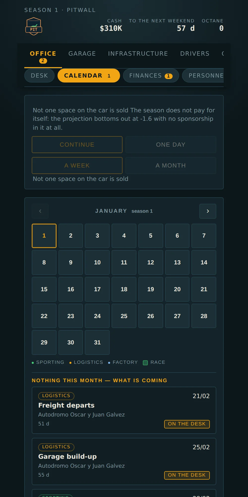 The calendar: the season's days with their dated commitments, and the buttons that move the clock — one day, a week, a month.