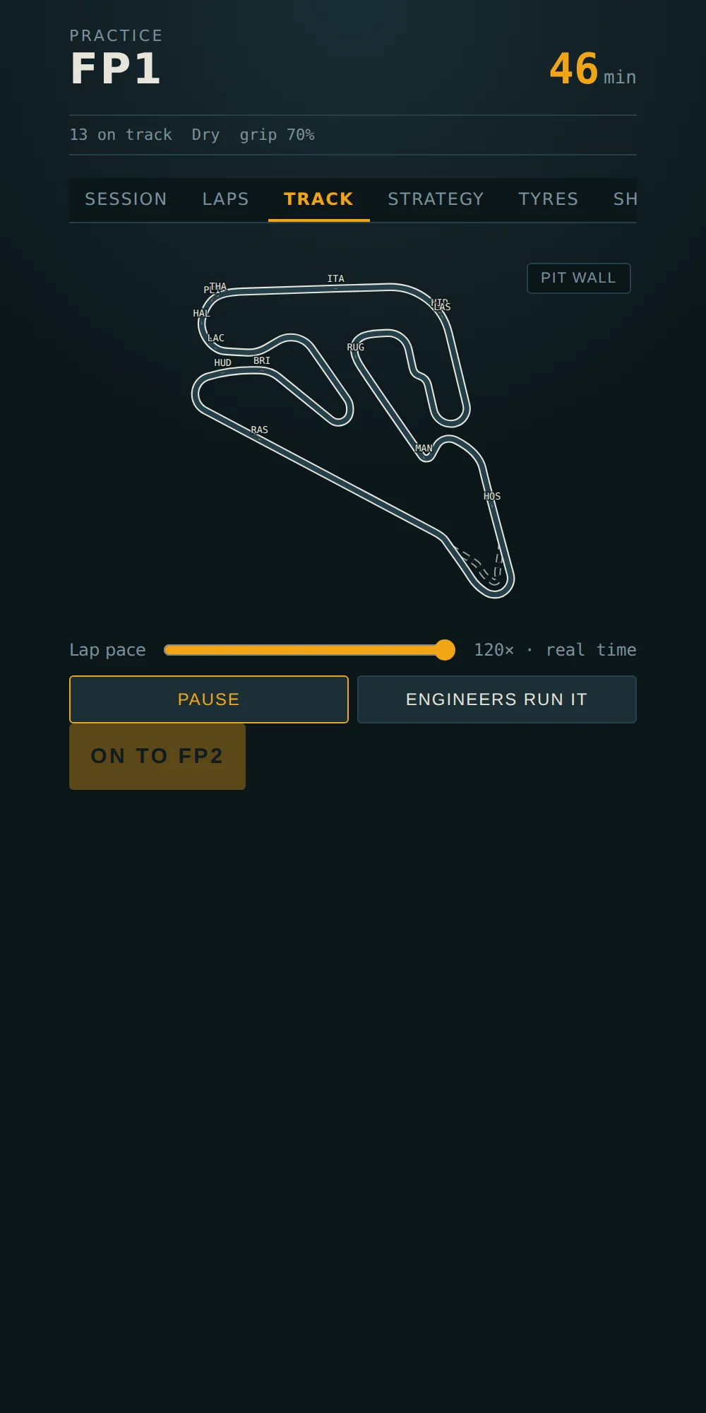The same session from the Track tab: the layout, an adjustable lap pace, and the button that hands the hour to the engineers.