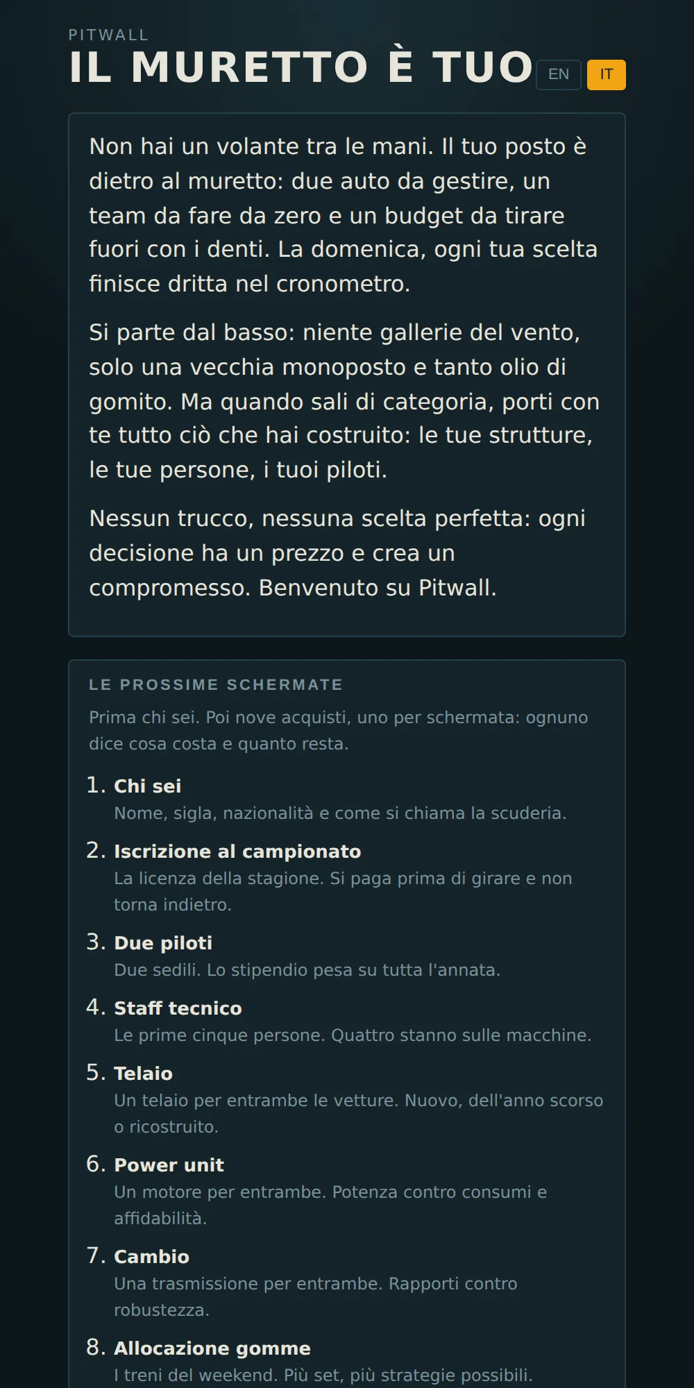 La schermata di benvenuto: due auto, una squadra da fare da zero, nessuna scelta perfetta.