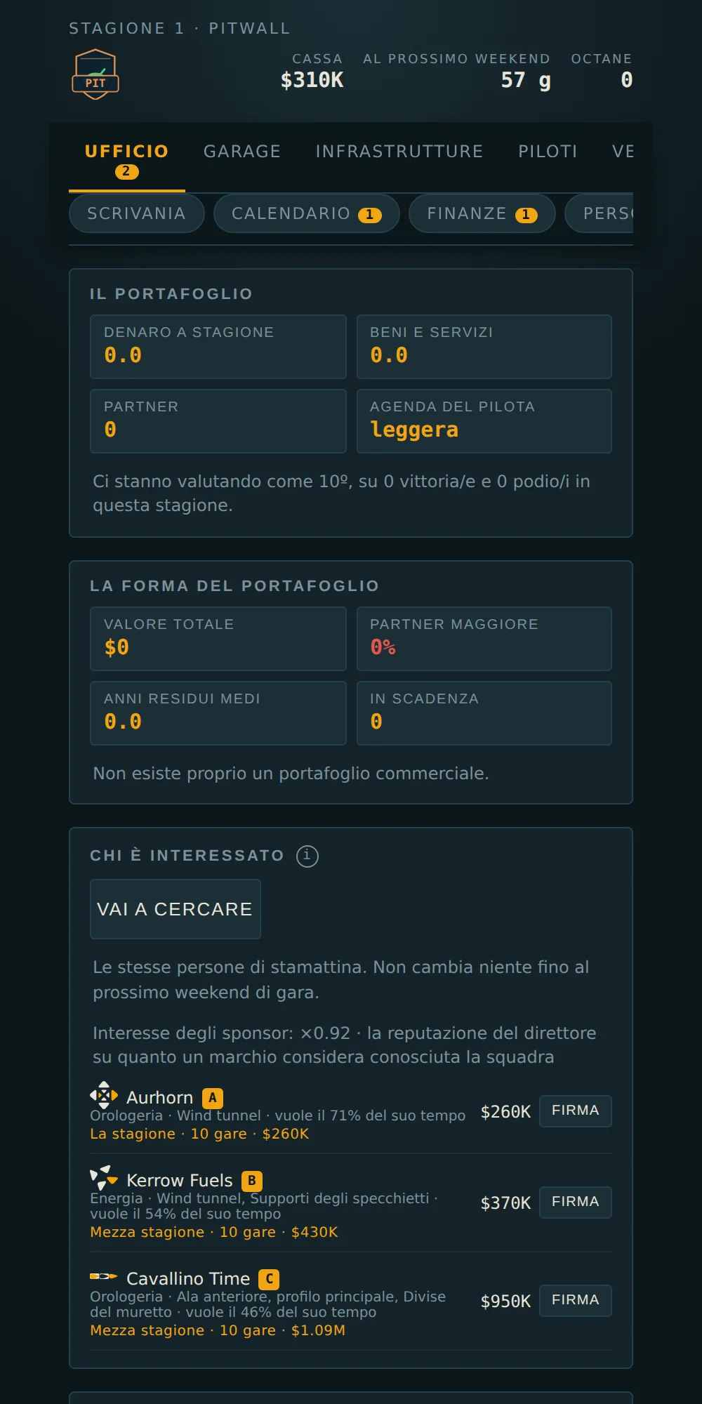 La schermata sponsor: chi è interessato, quanto paga in denaro e in natura, quanto tempo del pilota chiede.