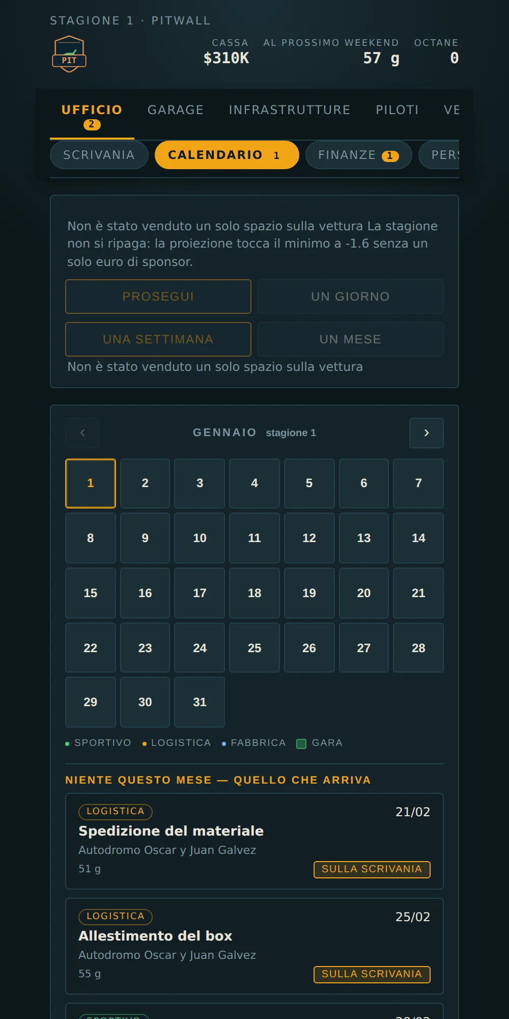 Il calendario della stagione